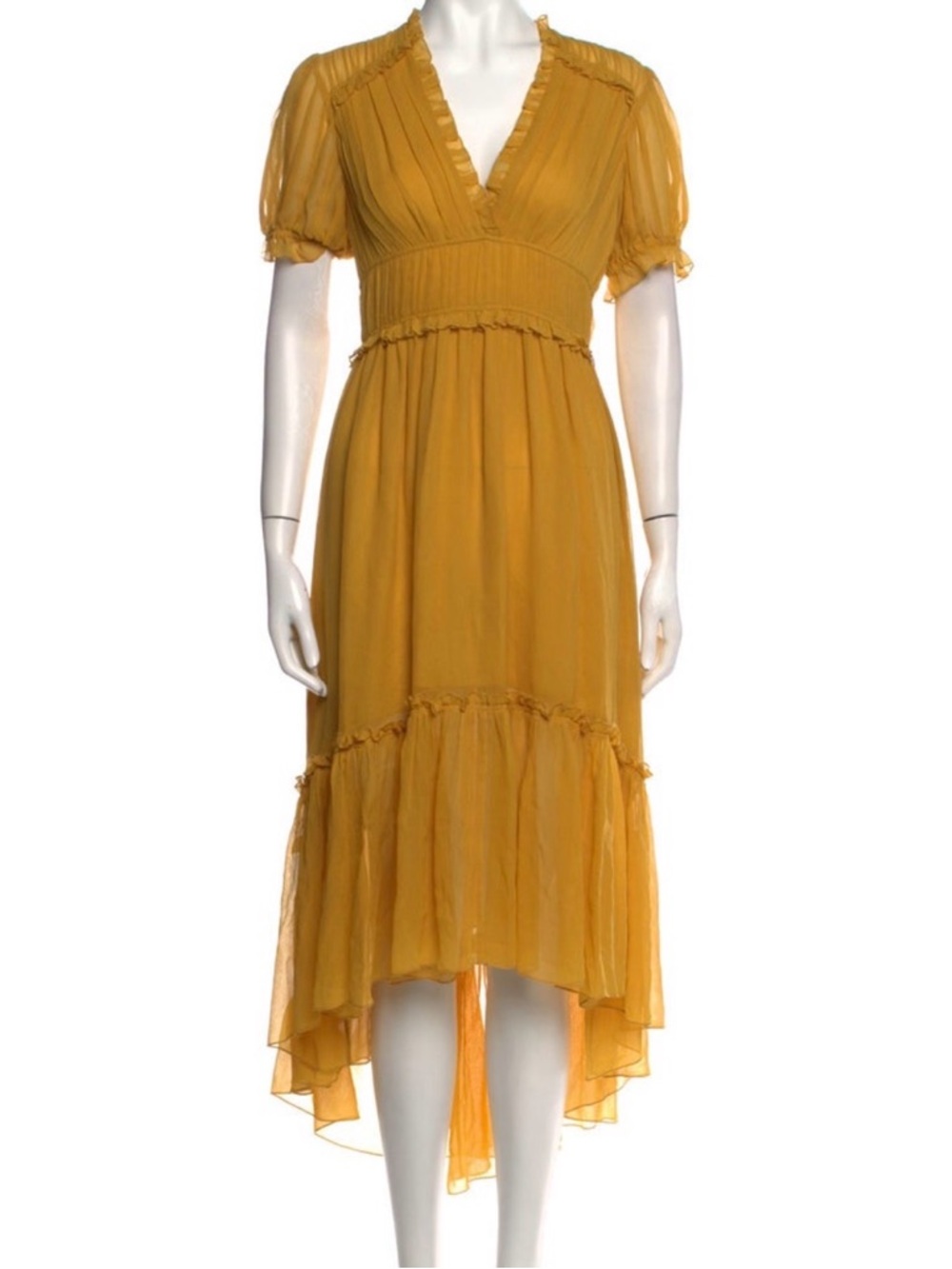 Ulla Sonja Italian Yellow V-Neck High-Low Midi Dress Silk Ruffle